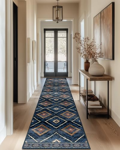 DEFYNEE Machine Washable Runner Rug, 60x300cm Non-Slip Short Pile Rug, Foldable, for Hallways Kitchens Bedrooms Offices, Darkblue