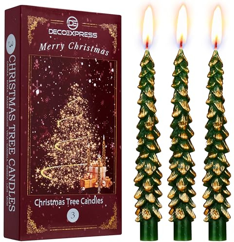 Deco Express Christmas Tree Candles Set of 3 or 6, Dinner Candles 7 Hr Burn, Table Centrepiece Festive Decor Xmas Holiday, Gift Set Home Decoration (Green/Gold, 3 Pcs)
