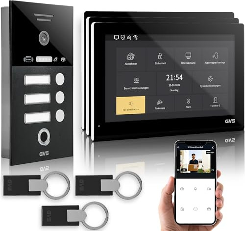 GVS Video Türsprechanlage 3 Familienhaus RFID + Fingerprint - 3x10 Monitor | Smarte Video Türklingel mit Kamera und Monitor & App - Gegensprechanlage mit Türöffner, RFID & Fingerprint (AVS5552U)
