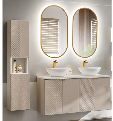 Lomadox Badezimmer Badmöbel Set 4-teilig in Kaschmir und weiß mit 120 cm Doppelwaschtisch mit Keramikwaschbecken, 2 LED-Spiegel, Hochschrank, gerillte Front, wandhängend