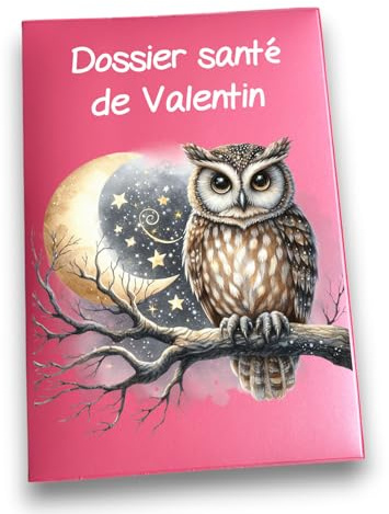 Protège Carnet de Santé Personnalisable, Motif Hibou Nocturne, 16,5 x 23,5 cm, PVC Souple (nacré rose)