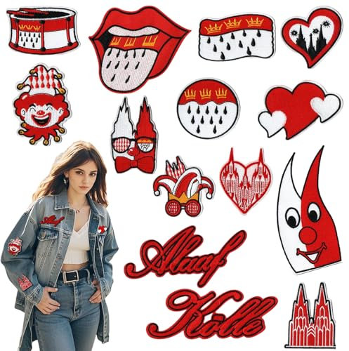 ZHAO GE 14 Stück Karneval Bügelbilder, Köln Rot Weiß Bügelflicken, Bügelbilder Karneval Kleidung, Karneval Flickenteppich, Köln Karneval Kostüm Bügelbild Fasching Accessoires Aufnäher Bügelaufkleber