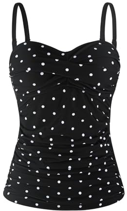 Ocean Blues Traje de baño tipo tankini para mujer con fruncido y control de abdomen, Lunares negros., XXL
