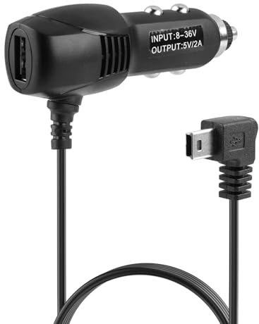 Dash Cam Power Lead 12V to 5V Mini USB Charging Cable, 3.5M Long 2A Car Charger Adapter with 90° Right Angle Mini USB Connector & Extra USB Port for Dash Cameras GPS Navigation DVR