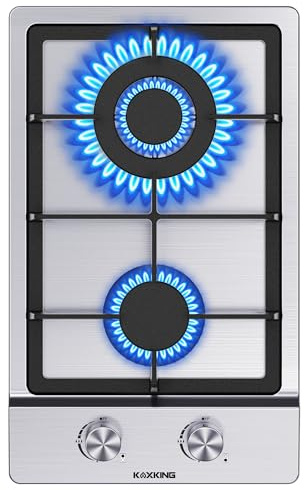Gaskochfeld 2 Flammig, Edelstahl Einbau-Gaskochfeld, 30cm, 2 Kochzonen (3300W+1750W), Domino Gaskochfeld für Propangas und Erdgas, Geeignet für Alle Töpfe