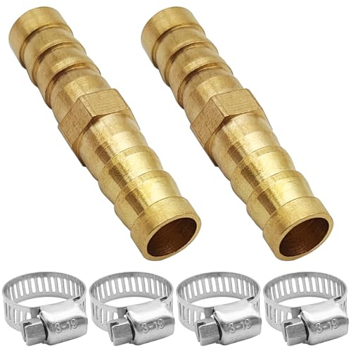 Brass Hose Barb Fittings Repair Kit, 2 pcs 5/16(8mm) Brass Barb Splicer Mender Hose Fitting with 4 pcs Stainless Steel Pipe Clamps for Water/Fuel/Air, Fuel Line Connector Fittings