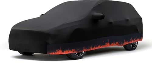 BHIEE Autoabdeckung Indoor Stretch Stoff Autoplane Staubschutz Elastischer Abdeckung für Autogarage Innenbereich, Tiefgarage, Autoausstellung, Passen bis zu 4,6m-4,9m, Orangefarbenes Flammenmuster
