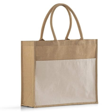 Large Jute Tote Bag with Gusset – 6 Pcs Reusable Burlap Shopping Bags with Long Handles, Eco Friendly Gift Bundle, Natural
