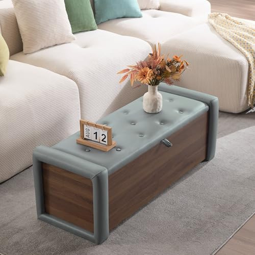 48 Large Storage Ottoman Bench, Faux Leather Upholstered Bed Bench with Button Tufted, End of Bed Ottoman with Safety Hinge for Bedroom, Living Room, Window，or Entryway, Olive Gray Shoe Storage Chest