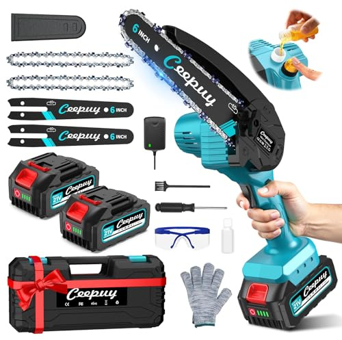 CEEPUY Mini Tronçonneuse à Batterie 2x5000 mAh, 6 Pouces Tronçonneuse Électrique Sans Fil Avec Injecteur d'Huile et Chaîne de Rechange, Convient Pour l'Élagage Des Arbres de Jardin (880W)