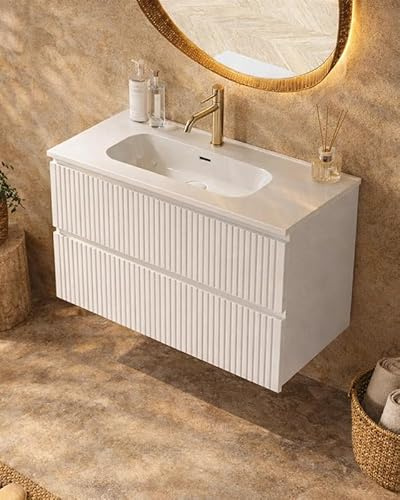 exagonshop Mobile Bagno cannettato 80X46 Pisa Bianco Opaco lavabo Resina Lucida