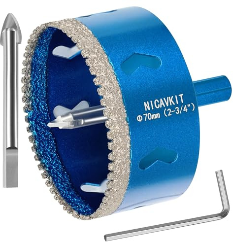 NICAVKIT 70mm Diamant Lochsäge mit 2*Zentrierbohrer, Professionellen Hartgelötet Diamant Bohrkron Fliesenbohrer für Fliesen, Porzellan, Keramik, Glas, Quarzit, Marmor
