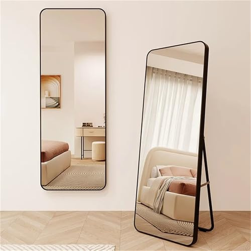 LULUWA Moderno specchio per tutto il corpo, nero, con bordi arrotondati, 45 x 155 cm, vetro float infrangibile, stabile base in metallo, telaio in plastica, autoportante o montato a parete