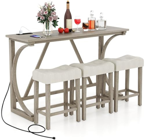 COSTWAY Set 4 Pezzi Tavolo e 3 Sgabello da Bar con 2 Prese di Corrente e 2 Porte USB Tipo-A, Tavolo da Pranzo e Colazione in Legno di Gomma con Gambe a Curva, Set Sedie con Sedile Morbide