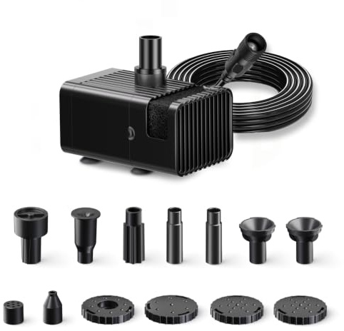 Biling Solar Wasserpumpe mit 10 Düsen, 300 l/h, DC Teichpumpe | (nur Pumpe) – für 18V Solarmodule, Gartenteich-Zubehör, mit Filter und Trockenlaufschutz
