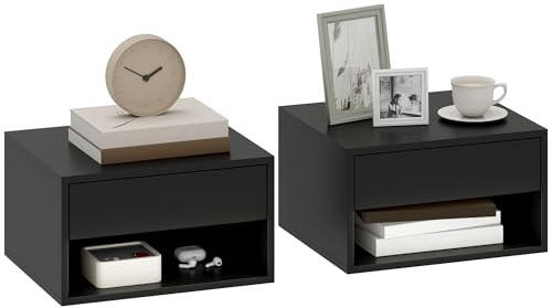 HOMCOM 2 Stück Nachttische zur Wandmontage, Nachttisch mit ausziehbarer Schublade, offenes Fach, Tablett, moderner Stil, 37 x 32 x 21 cm, Schwarz