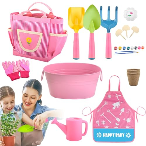 Vesidoloy Attrezzi da Giardino per Bambini | Grembiule, Guanti e Annaffiatoio - Guanti Pala Rastrello Kit Gioco Giardinaggio - Per Giardino Prato Spiaggia E Attività All'aperto Di Scavo Piantumazione