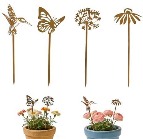 ZALAOR 4PCS Metal Garden Ornaments, Butterfly Bird Flower Garden Stakes | Rusty Metal Finish, Outdoor Decorative Design, for Patio Yard Lawn Pathway and Planter Pots Display