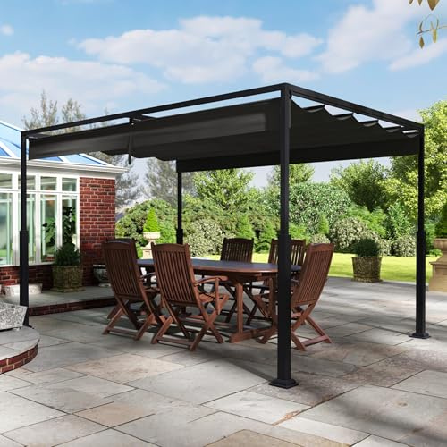 XMTECH Fristående pergola 3 × 4 m svart med skjuttak, väderbeständig trädgårdspaviljong av pulverlackerat stål, UV- och vattentät, fristående terrasstak, festtält