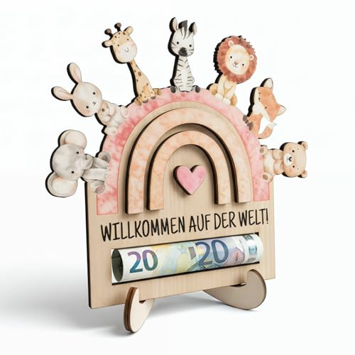 Geschenke zur Geburt, Geldgeschenk Verpackung Holz mit Umschlag und Karte | Baby Geschenk zur Geburt Junge Mädchen, Sinnvolle Glückwunschkarte Regenbogentiere Geburt Geschenk Babygeschenke
