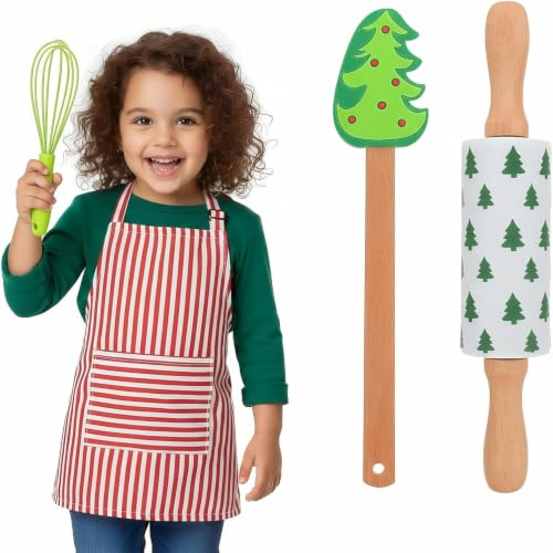 Kids Cooking Baking Set: Silicone Mini Whisk Wooden Rolling Pin Utensils Accessories Spatula Baking Tool for Toddler Christmas Home Kitchen and Serving 3Pcs
