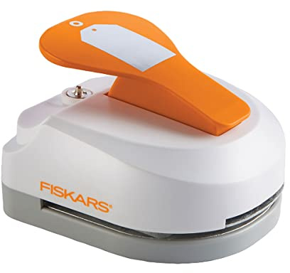 Fiskars Perforadora de etiquetas 3 en 1- Sencilla, para etiquetas (5 x 7.5 cm), con 20 ojetes, Acero de calidad/Plástico, Blanco/Naranja, 1016266