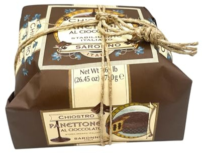 Chiostro di Saronno Panettone Artigianale al Cioccolato 750 g, Lenta Lievitazione, Panettone con Gocce di Cioccolato Farcito con Crema al Cioccolato, Senza Canditi e Uvetta, Incartato a Mano