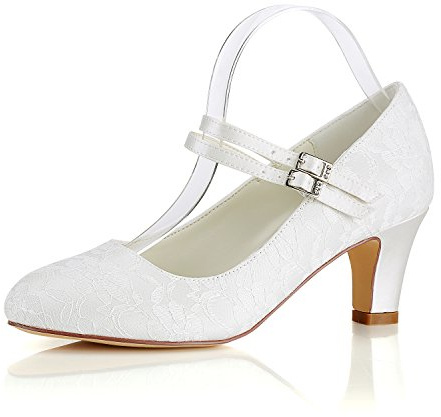 Emily Bridal 1505-10 Women's Wedding Shoes Closed Toe 2.56 Inches Chunky Heel Lace Satin Pumps with Buckle Bridal Shoes