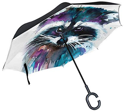 Mnsruu Double Couche inversé parapluies coloré Aquarelle Raton Laveur Pliant Parapluie Coupe-Vent Protection UV pour Une Utilisation de Voiture Pluie en Plein air avec poignée en Forme de C