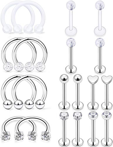 Dyknasz 20Pcs 16G Cartilage Earring Stud Forward Helix Tragus Earrings Internal & External Threaded Labret Lip Ring Medusa Monroe Retainer Piercing Jewelry for Women Men Silver-Tone Clear