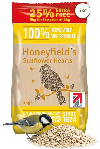 Honeyfield’s - Sunflower Hearts, Wild Bird Food for Outside Birds, High in Energy and Protein, Great for Hanging Feeders, Bird Tables, and Ground Feeding, Bulk Bag (5kg)