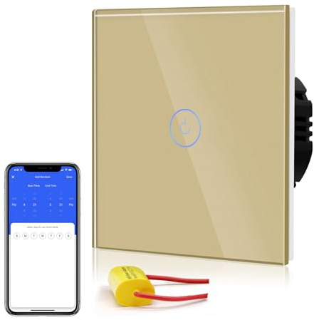 BSEED Smart Alexa Wlan Lichtschalter Ohne Neutralleiter, WIfI Touch Schalter aus Glas, Alexa und Google Home Work mit Tuya, 1 Fach 86mm Gold