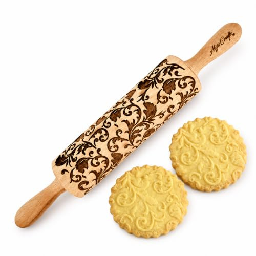 REALE Mattarello Legno Goffrato | Mattarello Inciso | Rullo per Biscotti e per Modellare | Mattarello di Fiori | Mattarello Decorativo per Biscotti di Algis Crafts