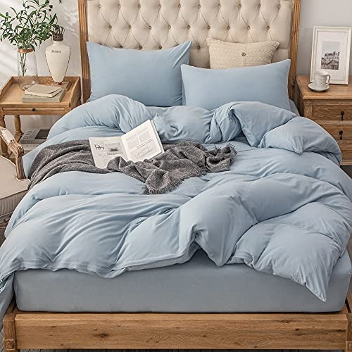 PURE ERA Jersey Knit Duvet Cover Set 100% T-Shirt Cotton Super Soft Comfy 3pc Bedding Set with Zipper Closure (Solid Light Blue, Queen)
