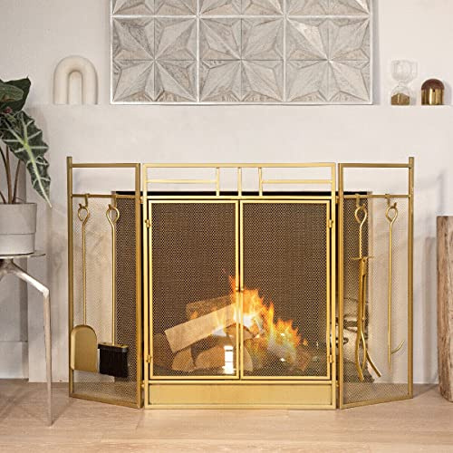 Barton 48 Fireplace Screen 3-Panel Folding Magnetic Doors with 4-Pieces Fire Place Tools Set Steel Fire Spark Guard, Gold