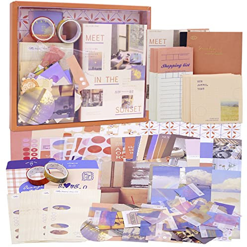 KRUCE 155-teiliges Scrapbook-Set mit Vintage-Ästhetik, Sonnenuntergang, Himmel, Scrapbook-Set, A6-Raster-Notizbuch mit grafisch linierten Seiten für Teenager, Mädchen, Kinder und Erwachsene