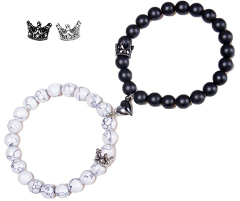 2 Stück Magnet Paare Armbänder, Naturstein Stretch Perlen Pärchen Armband Freundschaft Armbander mit Kronenanhänger Liebhaber Beziehung Schmuck Geschenk für Damen Herren