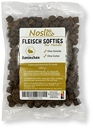 Nosli Fleisch Softies Trainingsleckerli für Hunde, Kaninchen 200g | Weiche Hundeleckerli mit Kaninchen, getreidefrei, hoher Fleischanteil, ideal für Training und Belohnung