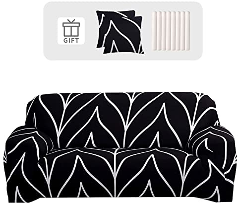 Lydevo Sofabezug 1 Sitzer Stretch Sofahusse Elastischer Sofabezug Spandex Sofa Überzug mit 3 Kissenbezug Anti-Rutsch Waschbar Sofa Protection Cover Schonbezug Couch,Schwarze Linie