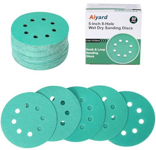 Aiyard 5-Inch 8-Hole Wet Dry Sanding Discs 80/120/180/220/320 Assorted Grits, Polyester Film Backed Heavy-Duty Hook and Loop Sandpaper for Random Orbital Sander, 50-Pack