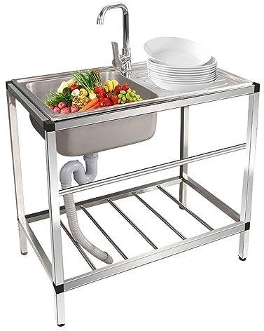 ZJIEX ILOOXI Spüle Aus Edelstahl, Mobiles Spültisch Edelstahl Spülbecken Mit Ablagefläche Und Wasserhahn, Wäschespüle, Freistehende Industriespüle, (Cold Hot Faucet)