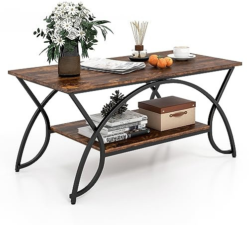 COSTWAY Couchtisch, Kaffeetisch mit Ablage und Metallgestell, Wohnzimmertisch, Beistelltisch, Sofatisch für Wohnzimmer, 100 x 50 x 45 cm (Vintagebraun-schwarz)