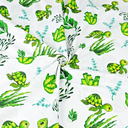 Textrend Baumwollstoff - Stoff zum Nähen - 100% Baumwolle - Textilien 1x1.6m - Stoffe Meterware - Maritimes Thema: Meerestiere (Grüne Meeresschildkröten auf weißem Hintergrund)
