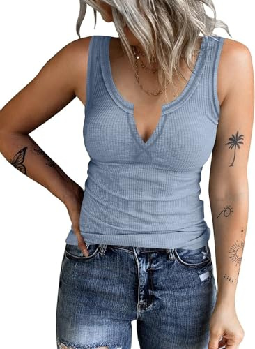 ELFIN Débardeur côtelé pour Femme Sexy Col en V Ribbed sans Manches Coupe ajustée Basique Extensible