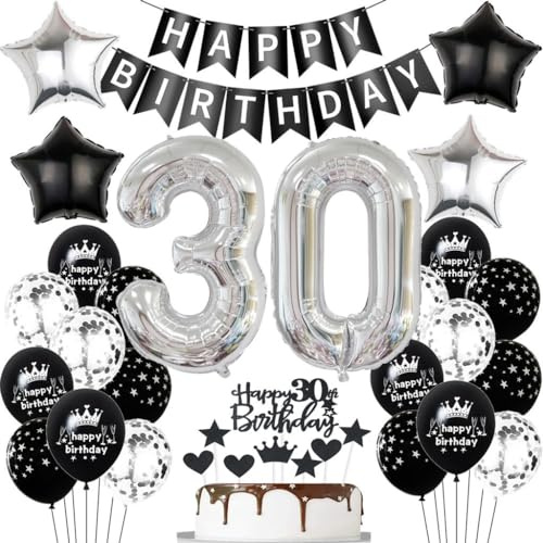 Schwarz Silber Luftballons 30. Geburtstag Dekoration,Schwarz Silber Geburtstagsdeko 30 Jahre Frauen Männer,Ballons 30. Geburtstag Mann, 30 Jahre Tortendeko,30. Party Deko