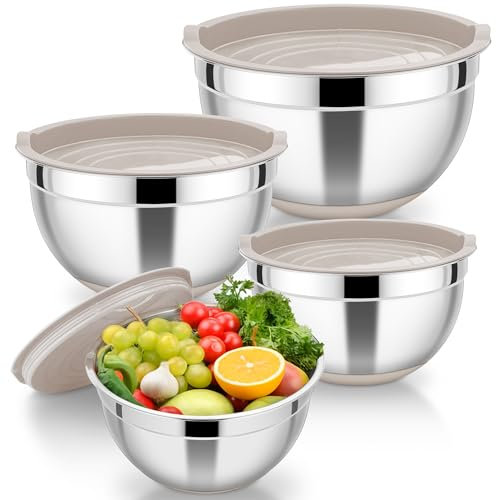 HaWare Set di 4 ciotole in acciaio inox con coperchio ermetico e fondo in silicone, ideali per cucinare, impilabili e lavabili in lavastoviglie, 4,6 l/2,8 l, 1,5 l, 0,7 l, colore cachi