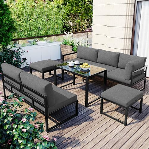 Dolamaní Gartenmöbel Set 5-teiliges(1xFunktionssofa,1x2er-Sofa, 2xHocker, 1xTisch), Aluminium Sitzgruppe für Garten Balkon mit Liegefunktion, Vierter Gang verstellbare Rückenlehne, Grau(5)