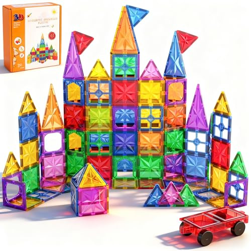 Perbabe Magnetic Tiles, 61PCS Magnatiles Stronger Magneticc Tiles for Kids 3D Magnetic Building Blocks STEM Montessori Toys Toddler Toy for 3 4 5 6 7 8 Year Old Educational Construction Birthday Gifts