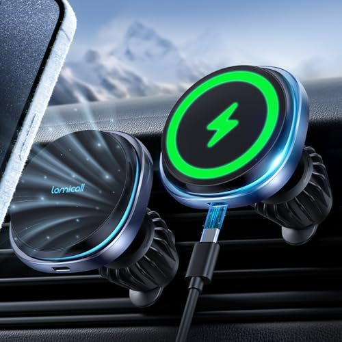 Lamicall 15W Handyhalterung Auto für MagSafe Autohalterung mit Ladefunktion - [2025 Kühlventilator] MagSafe Ladegerät Auto Lüftung, Kabelloses KFZ Handyhalter Magnet für iPhone 16/15/14/13/12 Serie
