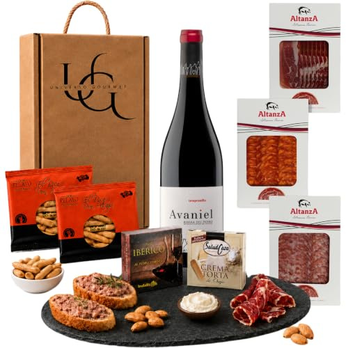 UNIVERSO GOURMET | Cesta Gourmet para Regalar | Vino DO.Ribera | Embutidos Ibericos Bellota | Paleta Ibérica y Crema Queso Torta de Oveja | Pate Pedro Ximenez y Picos Pan Artesanos | Cesta Navidad